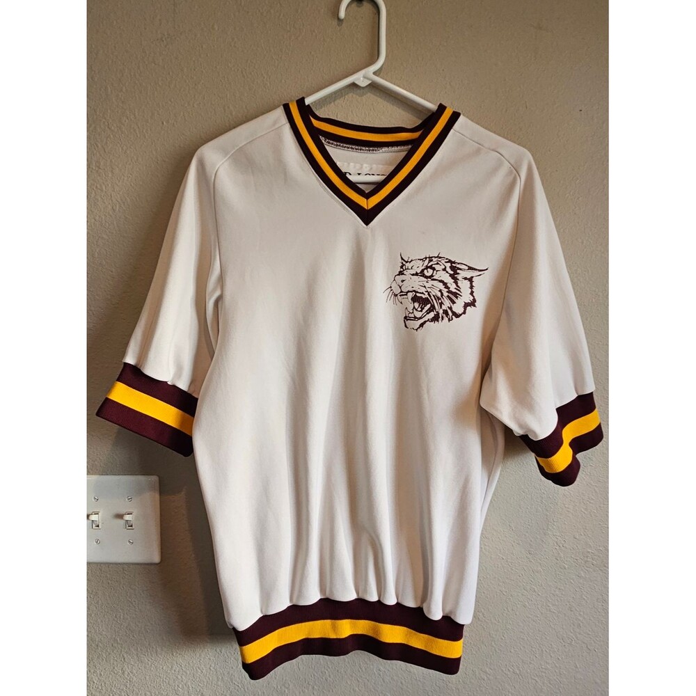 Vintage DeLong white 70s/80s Retro jersey with maroon and yellow stripes